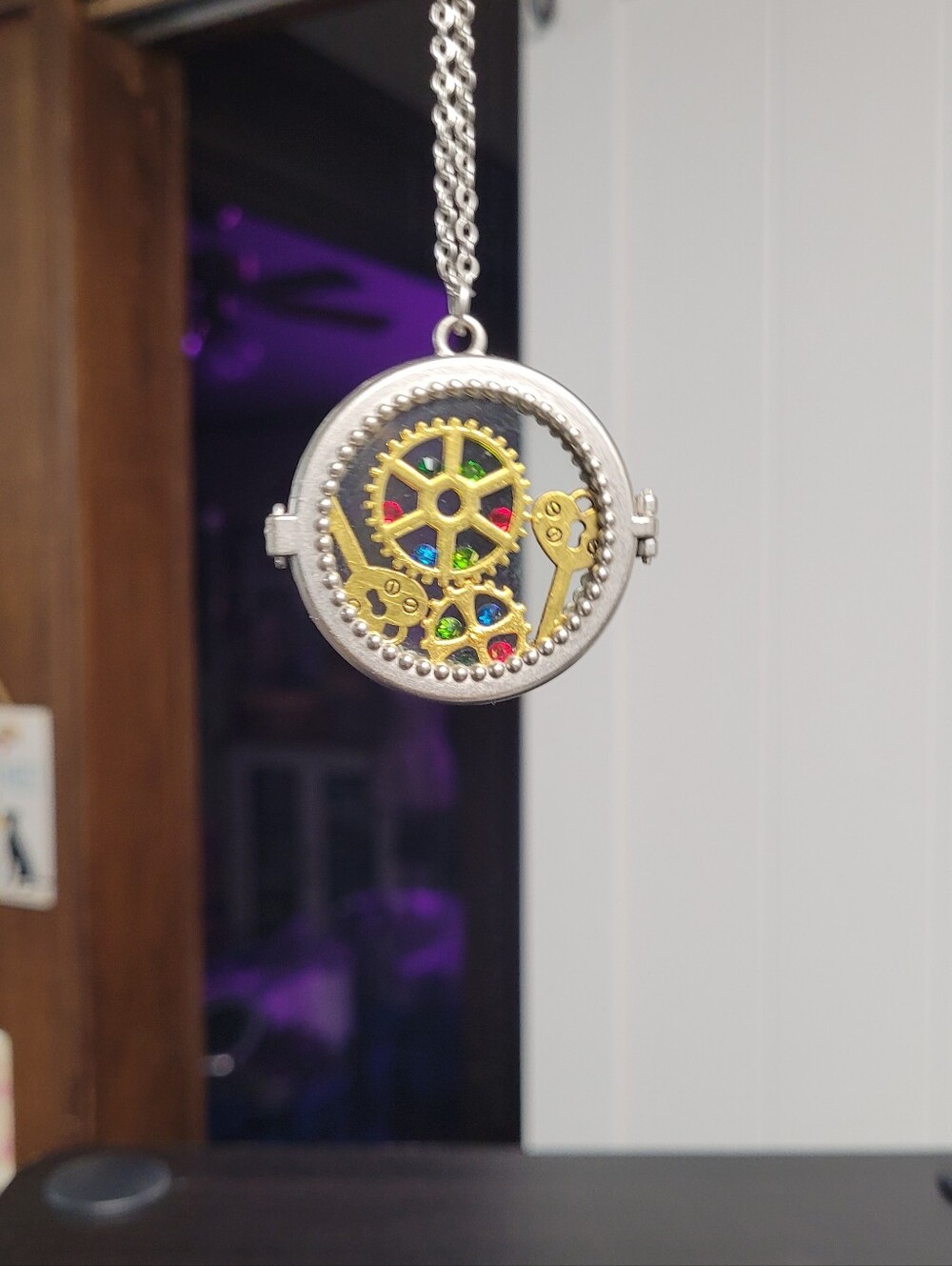 Silver and Gold Steampunk Gear Locket Necklace with Multicolor Accents